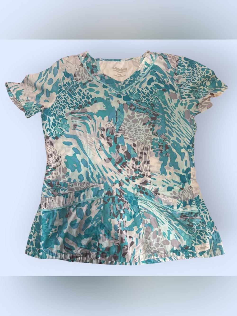 Y2K Landau Teal Abstract Print Scrub Top - Size S
